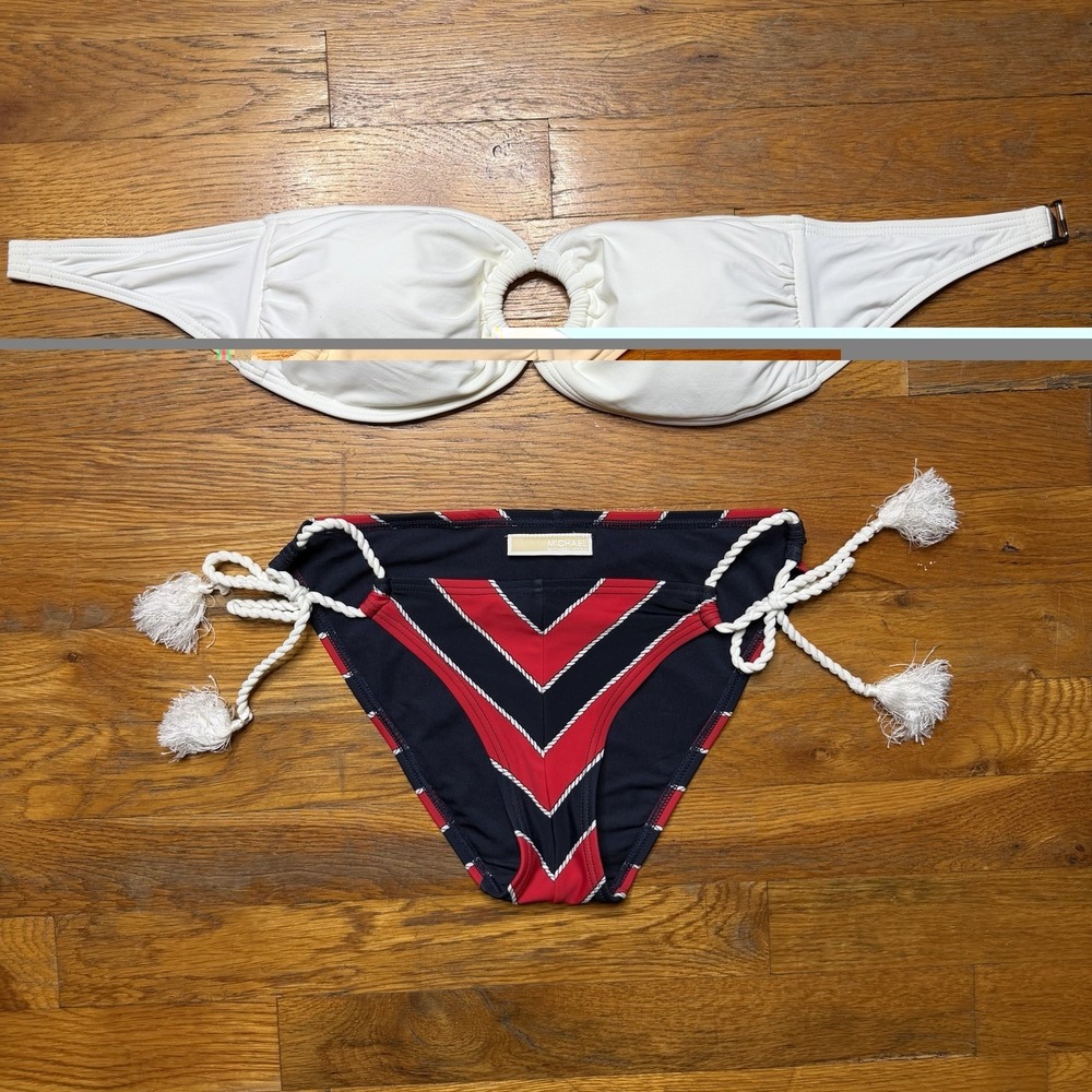Michael Kors Bikini Set Rope Tassel Chevron Print Bottoms Bandeau White Top Sz S